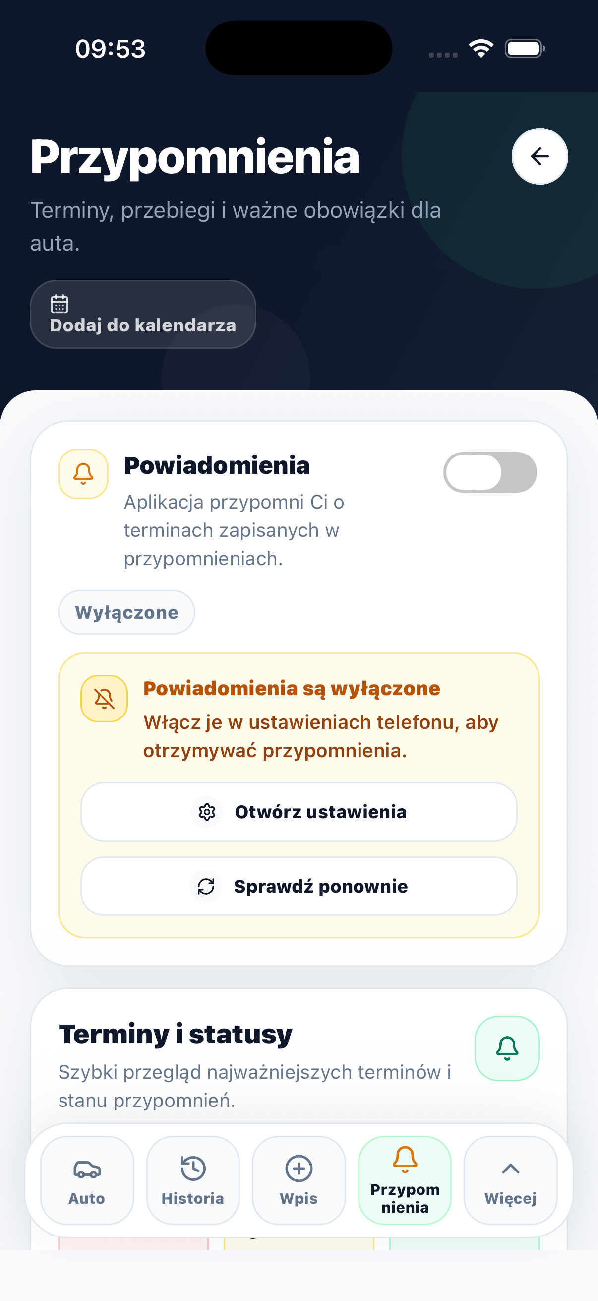 Przypomnienia o terminach w aplikacji do samochodu AutoWpis