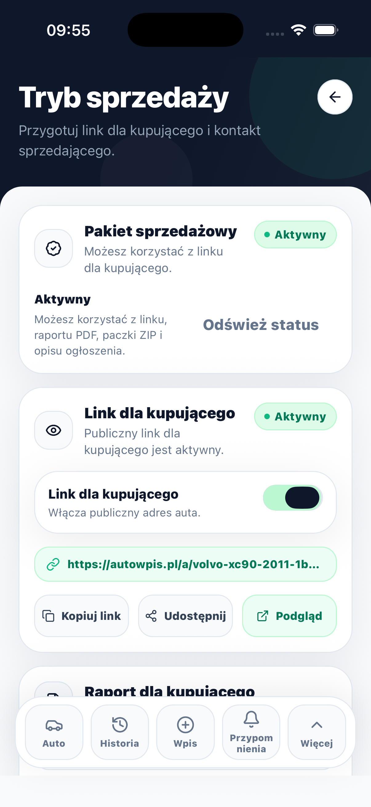 AutoWpis - tryb sprzedaży z publicznym linkiem dla kupującego